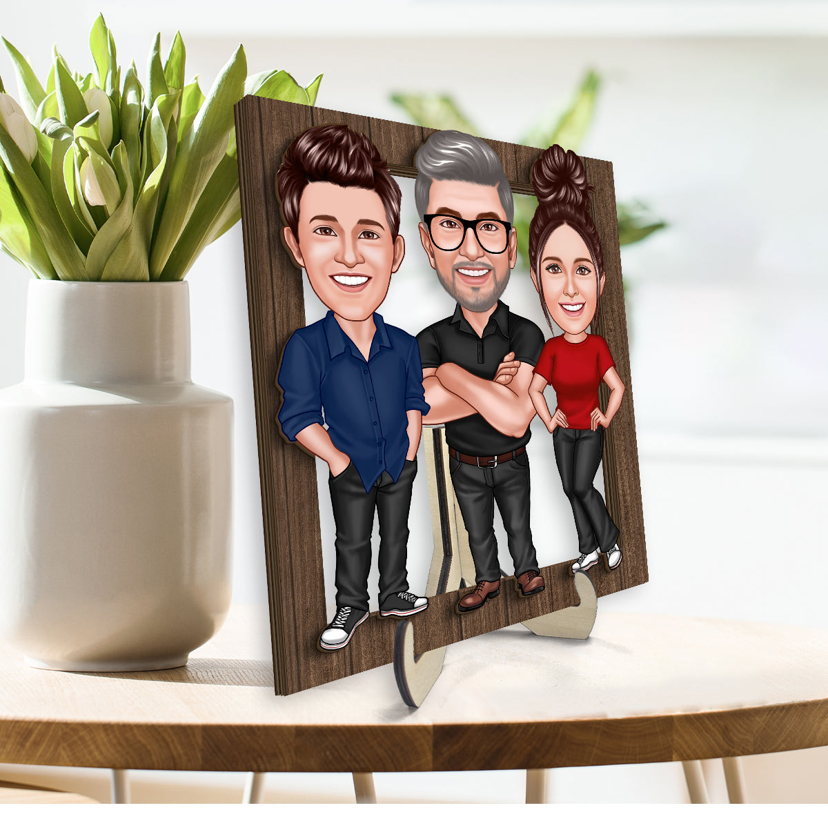 Dad Grandpa Kids Caricature Frame Personalized 2-Layer Wooden Plaque, Father's Day Gift For Dad, For Husband, For Him