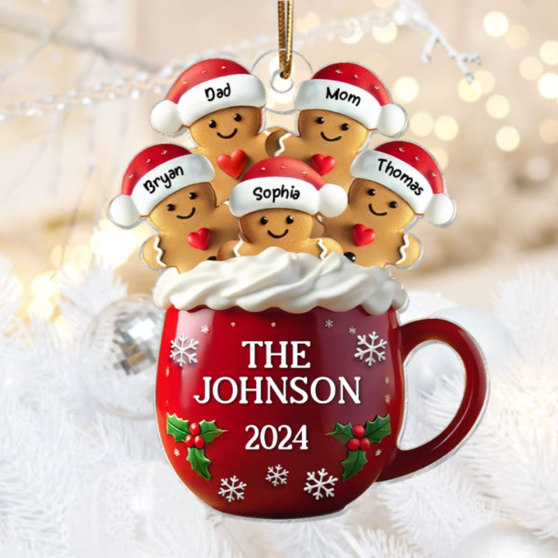 3D Effect Gingerbread Family In Hot Cocoa Christmas Decor Personalized Acrylic Ornament