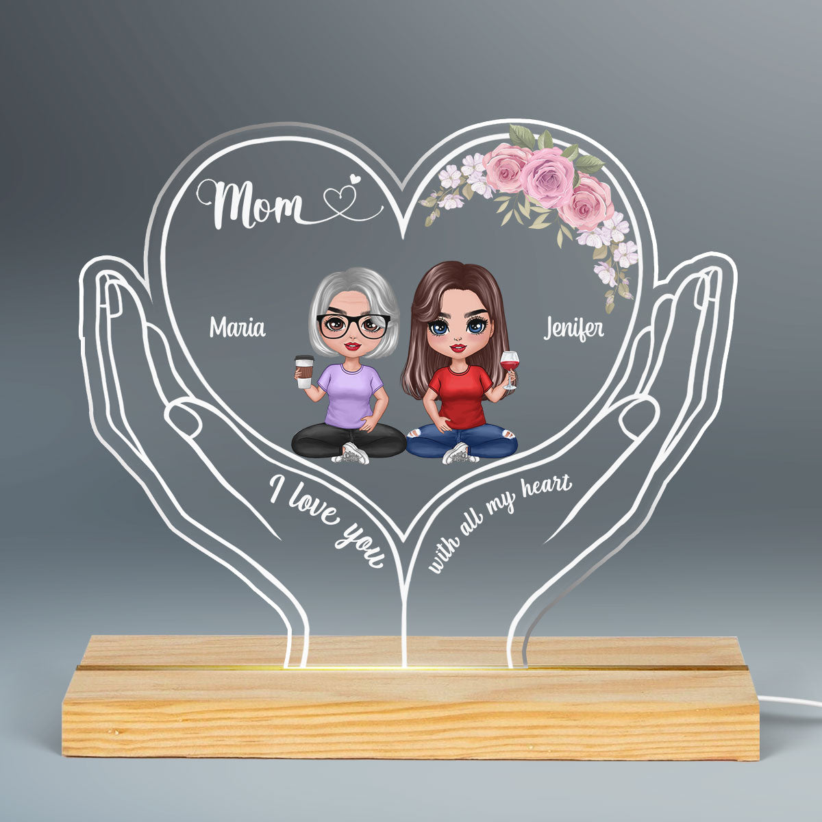 Mom I Love You Doll Mother Daughter Heart On Hands Personalized Custom Shaped Acrylic Plaque With LED Night Light