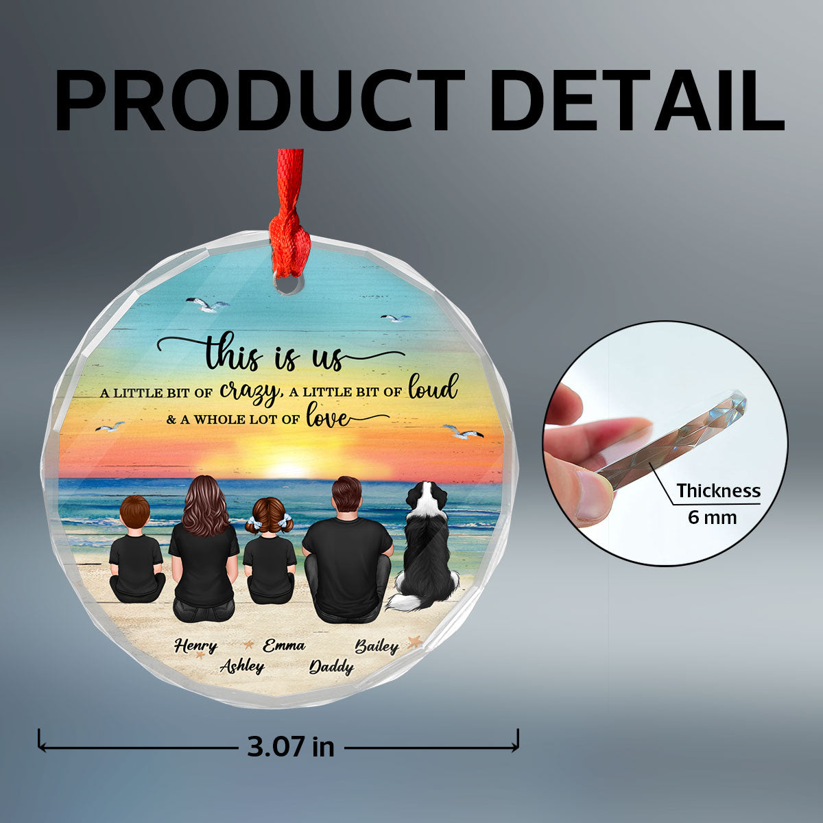 Family Sitting Back View Retro Vintage Beach Landscape Personalized Circle Glass Ornament