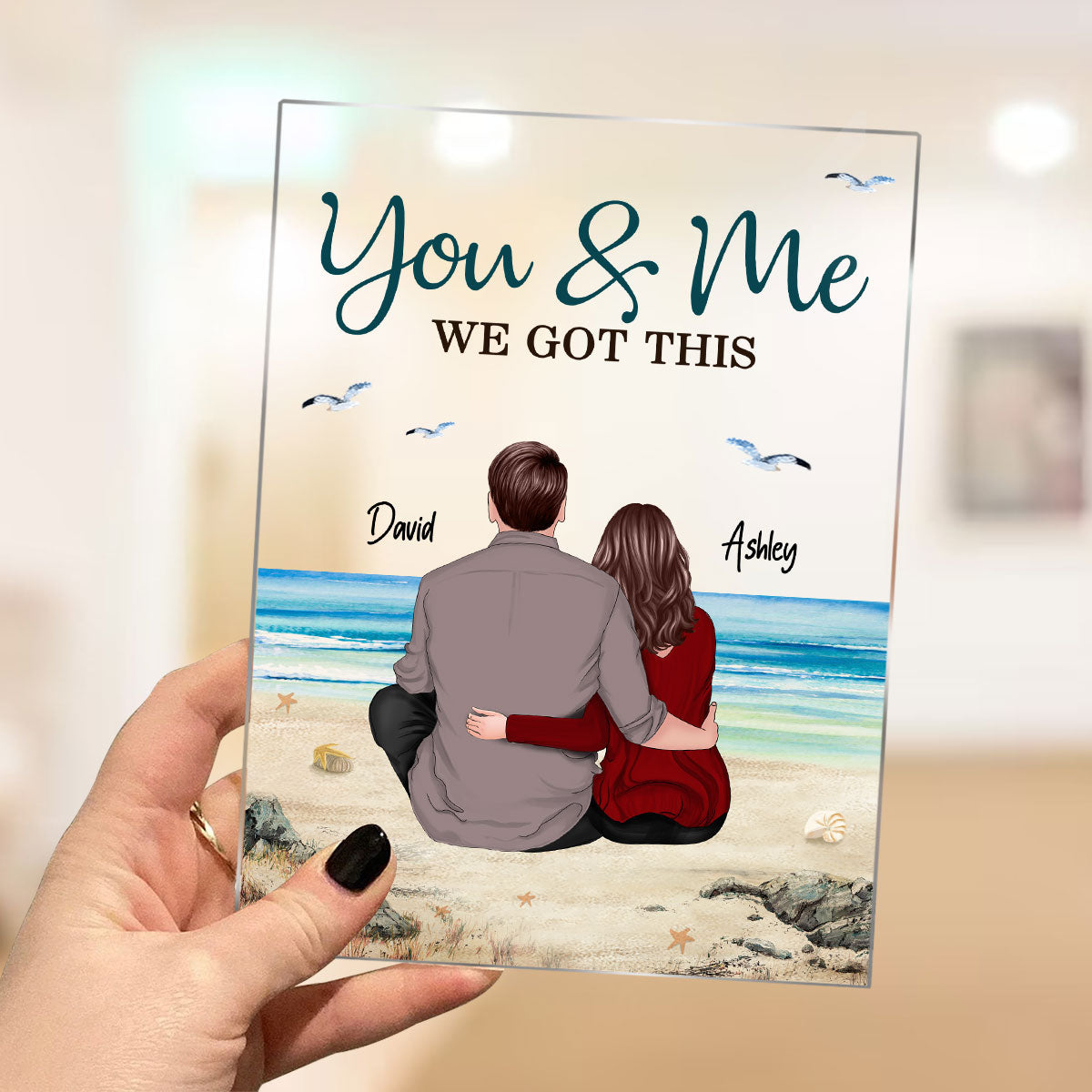 Back View Couple Hugging Sitting Beach Landscape Personalized Acrylic Plaque