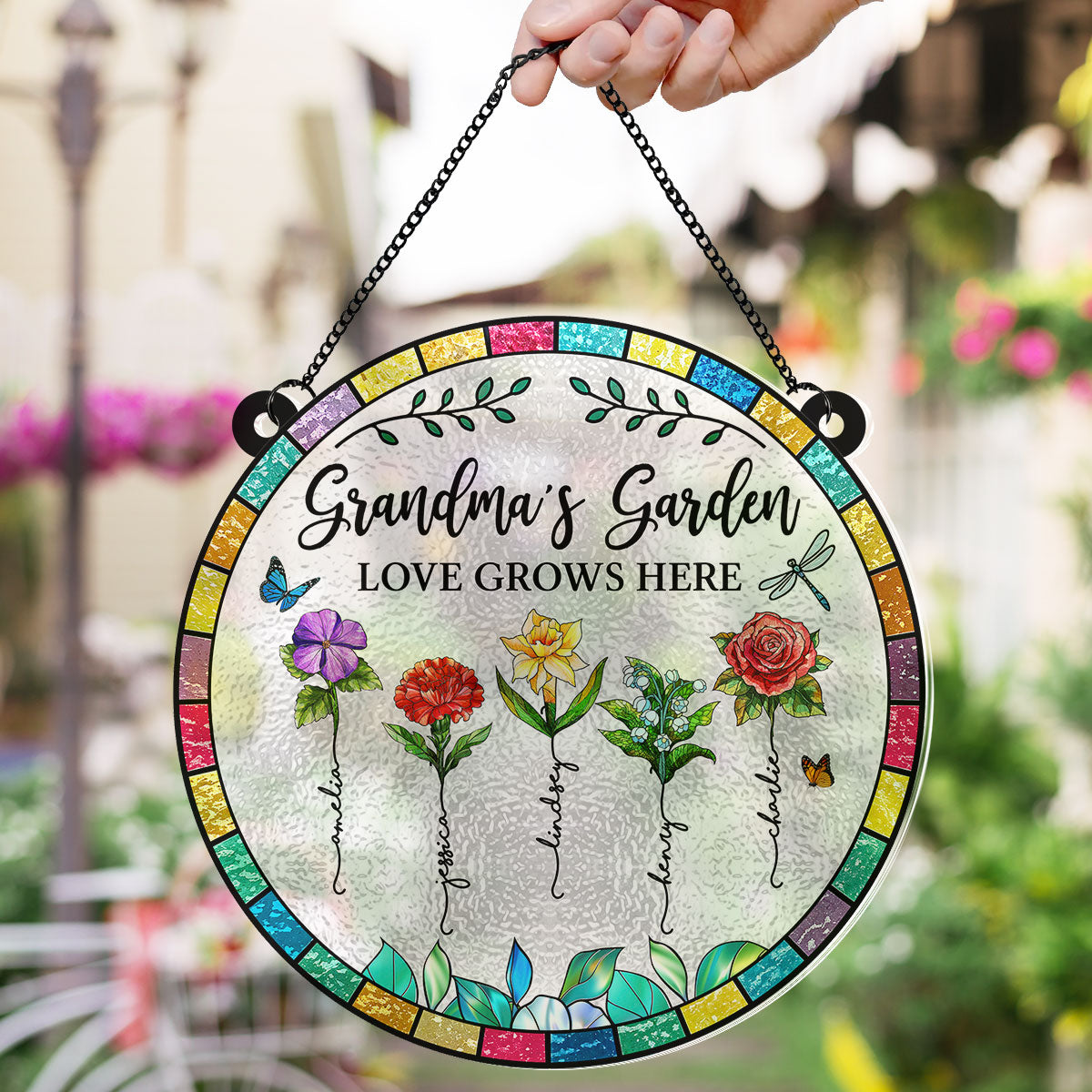 Grandma‘s Garden Love Grows Here Beautiful Birth Month Flowers Personalized Acrylic Suncatcher