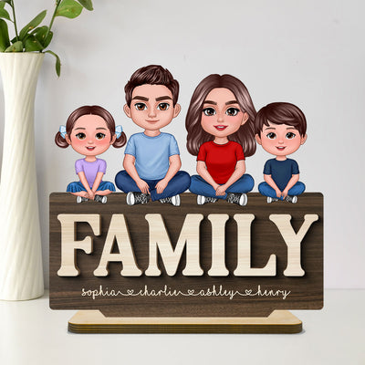 Whole Family Crossed Legs Sitting On Word Dad Mom Kid Dog Cat Personalized 2-Layer Standing Wooden Plaque