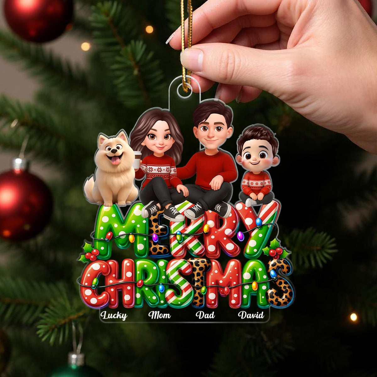 Merry Christmas 2025 Family Sitting on Text Personalized Acrylic Ornament, Christmas Gift for Husband, Wife, Kid