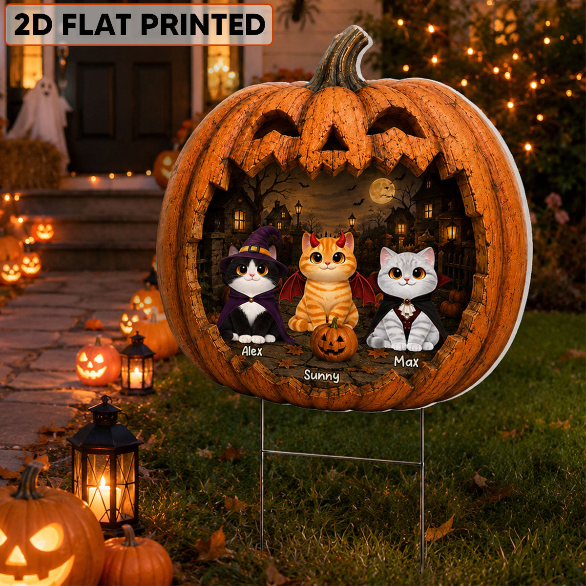 Spooky Halloween Pumpkin Cats - Personalized Yard Sign - Halloween Decor For Cat Lovers