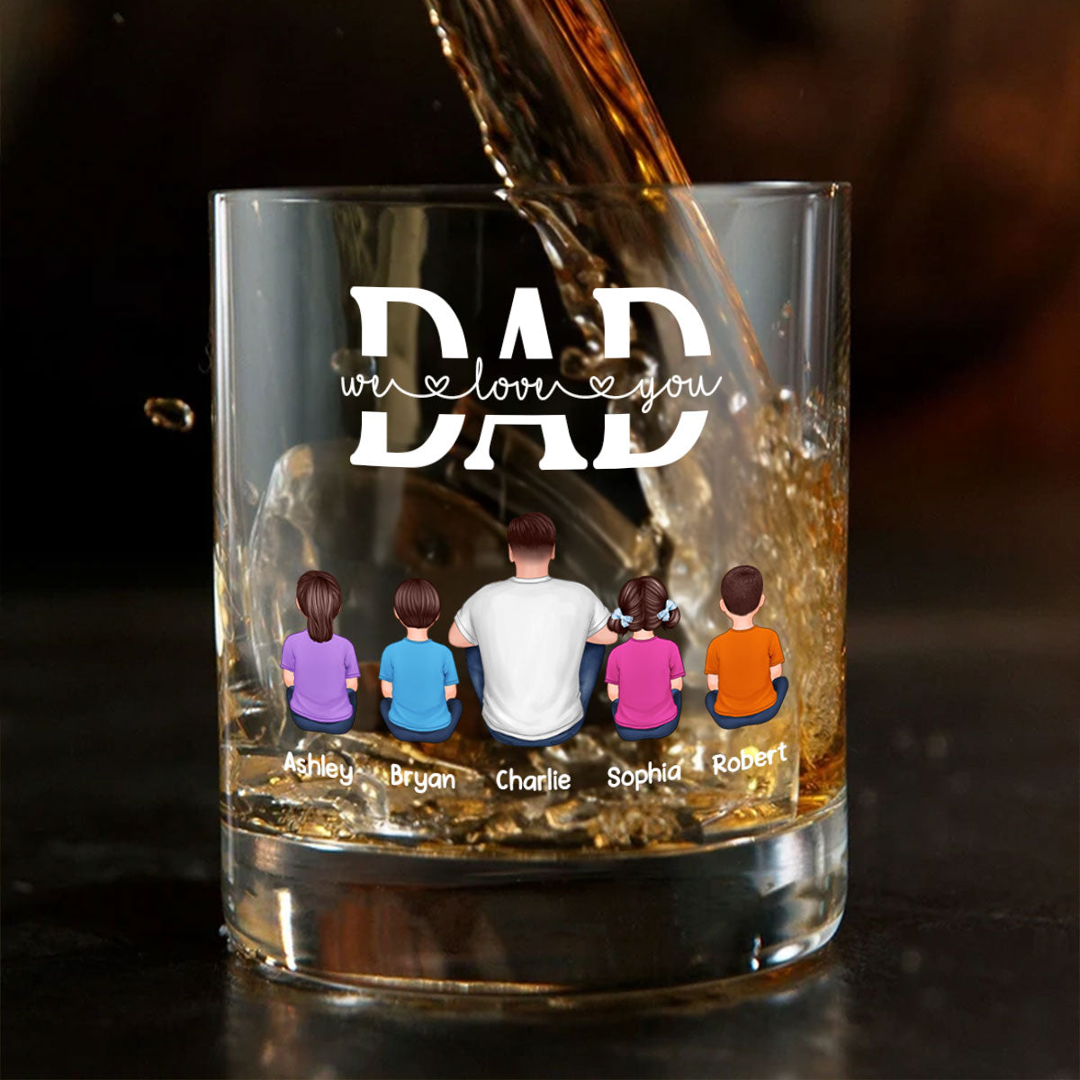 Best Dad Ever Back View Man Kids Dog Cat Personalized Whiskey Glass, Wine Glass, Father's Day Gift for Dad