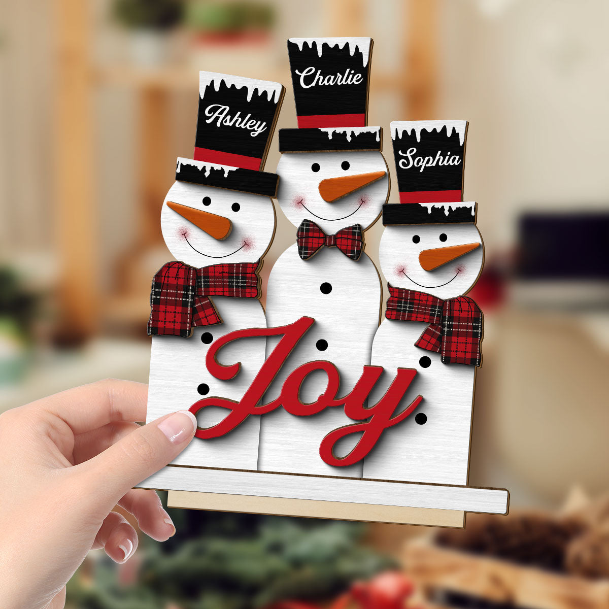Joy Snowman Family Christmas Personalized 2-Layer Standing Wooden Plaque, Christmas Decoration, Tiered Tray Decor