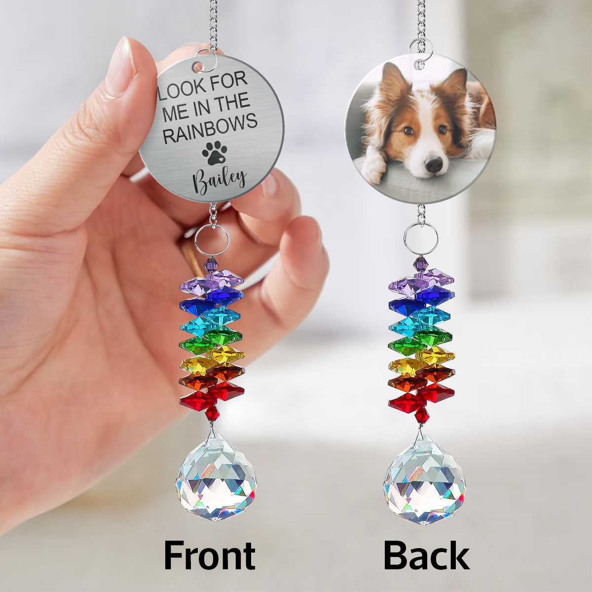 Pet Dog Cat Memorial Look For Me In The Rainbows Upload Photo Personalized Crystal Suncatcher With Aluminum Charm