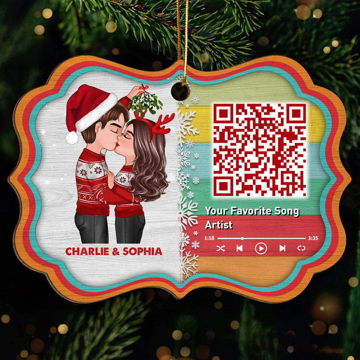 Couple Kissing Under Mistletoe Favorite Song Scannable QR Code Christmas Personalized Wooden Ornament