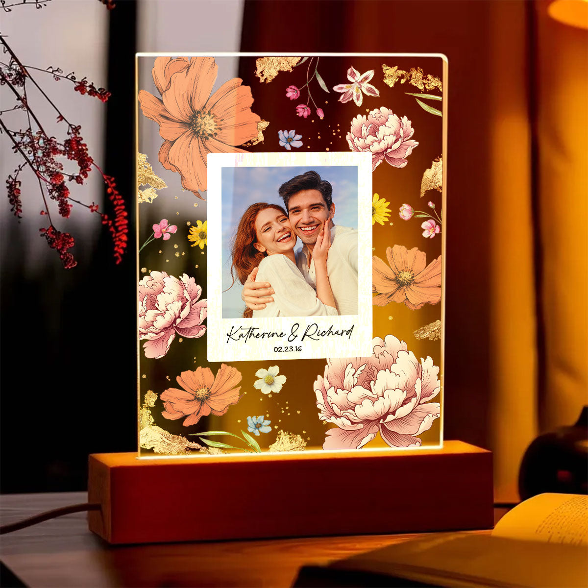 Couple Upload Photo Birth Month Flowers Personalized Acrylic LED Night Light, Anniversary Gift,  Gift