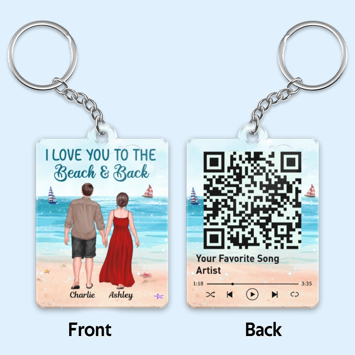 Summer Couple Standing Back View Favorite Song Scannable QR Code Personalized Acrylic Keychain