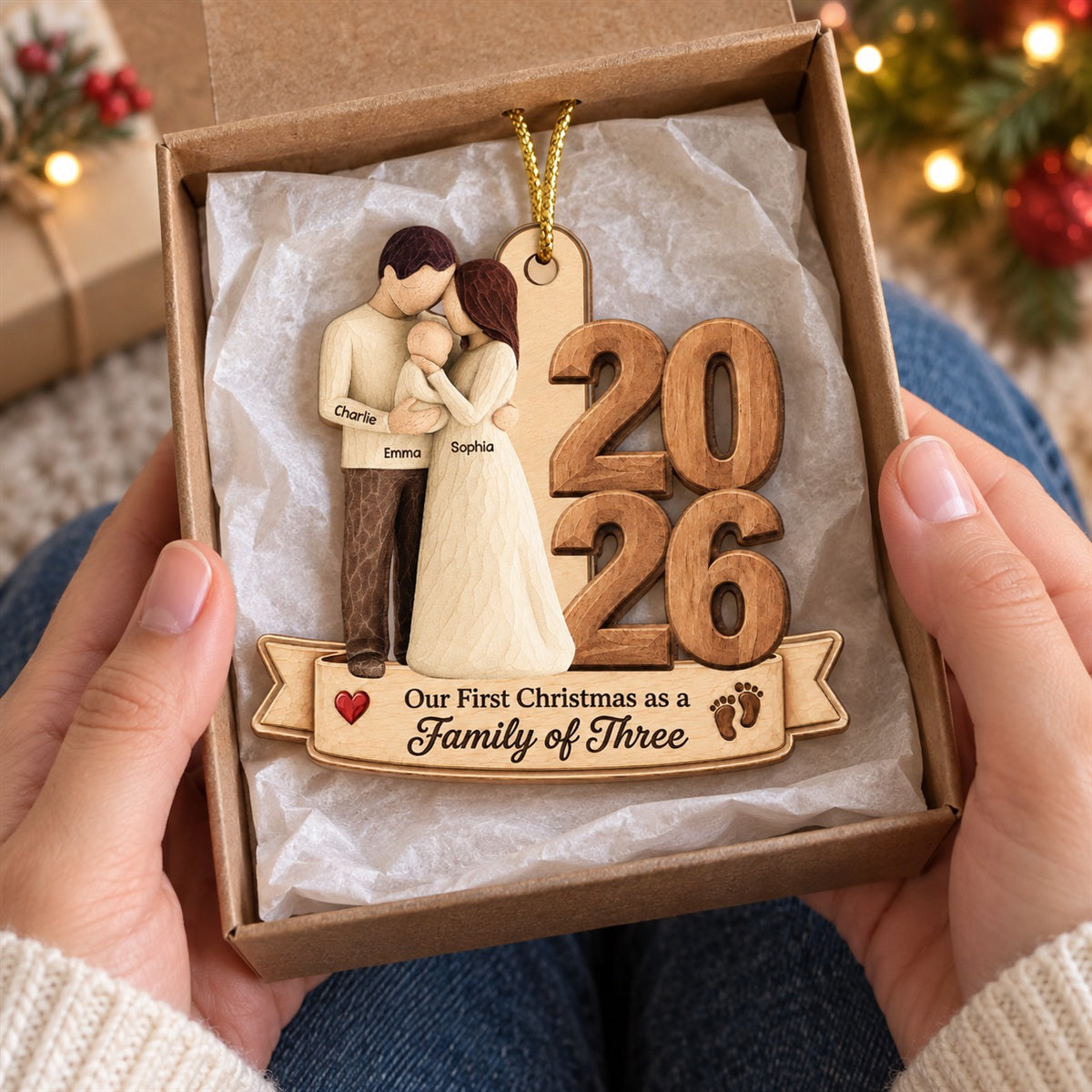 Our First Christmas As Family Of Three Custom Year 2D Flat Printed - Personalized Wooden Ornament - Christmas Tree Keepsake For New Parents