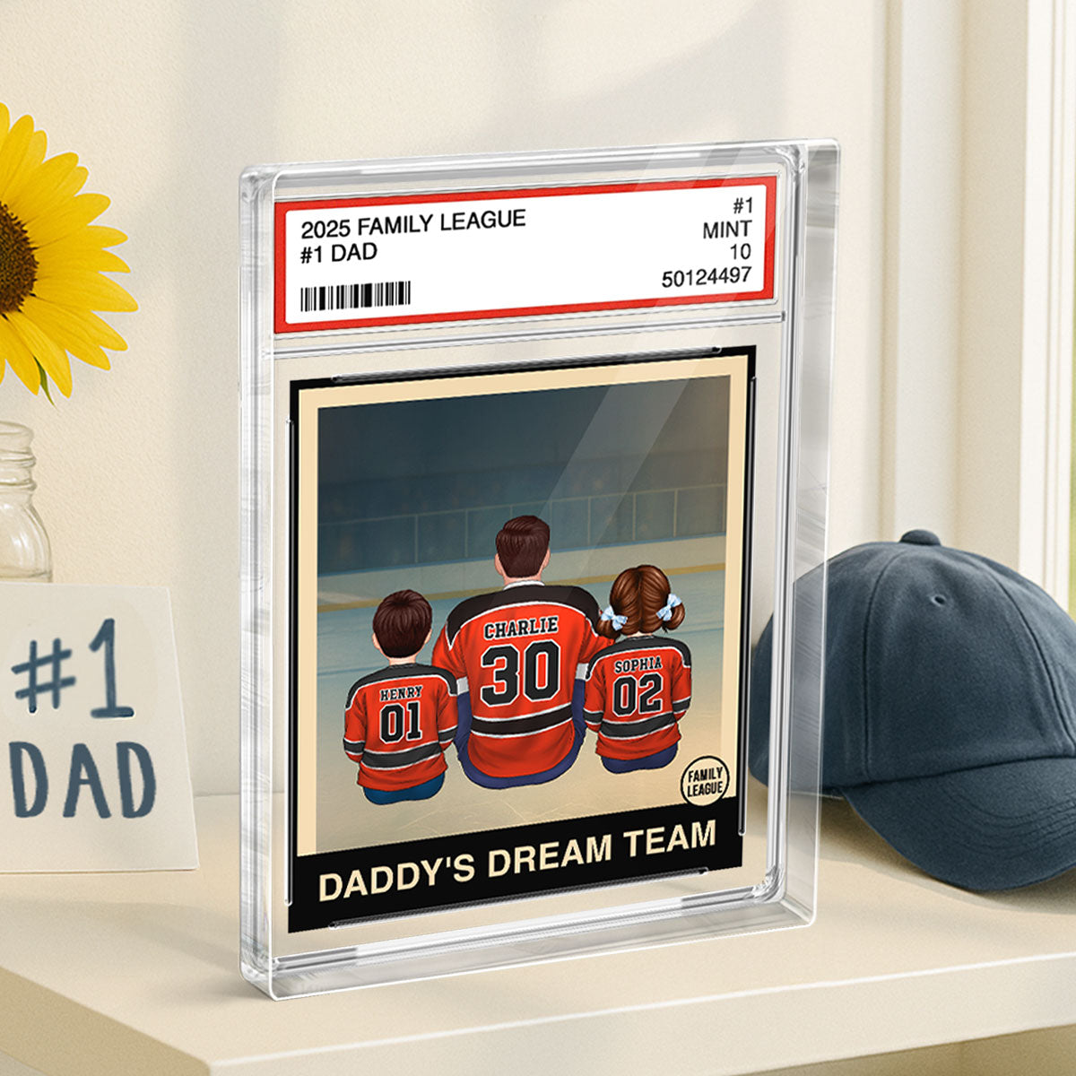 Hockey No. 1 Dad Man & Kids Sitting Trading Card Style Personalized Acrylic Block Plaque