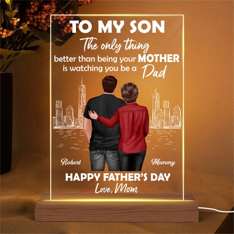 Skyline To My Son From Mom Happy Father‘s Day Back View Personalized Rectangle Acrylic LED Night Light