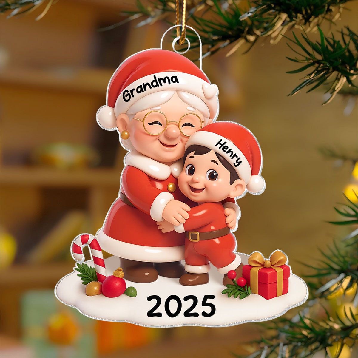 Santa Grandma Hugging Grandkid 3D Effect Personalized Acrylic Ornament, Christmas Gift for Grandson, Granddaughter, Grandma