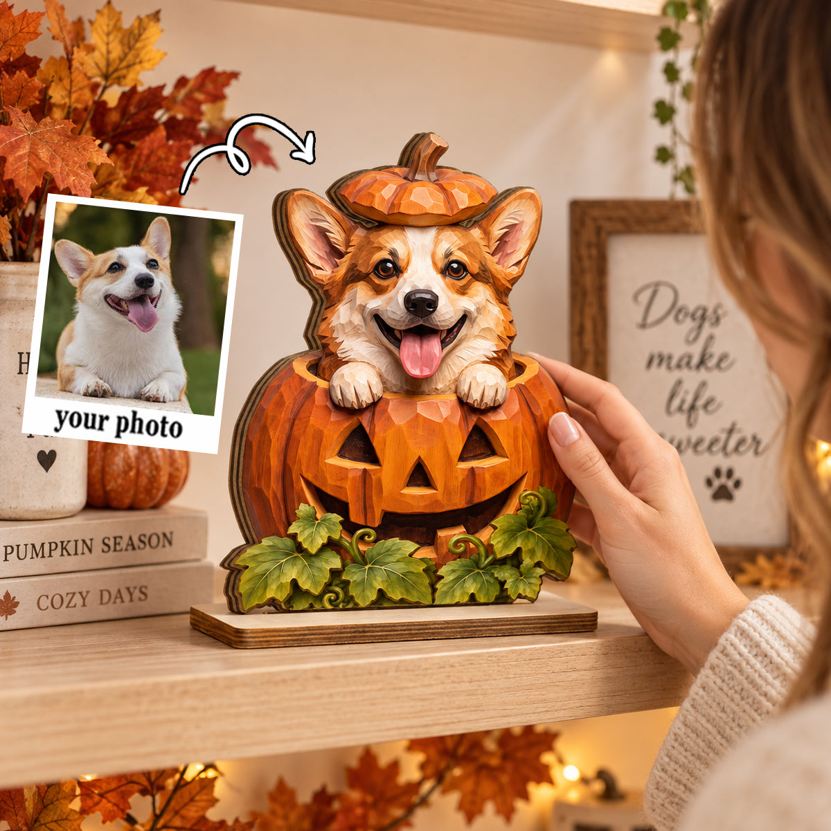 Custom Dog Cat Pumpkin Art - Personalized 2-Layered Wooden Plaque - Pet Halloween Fall Decor