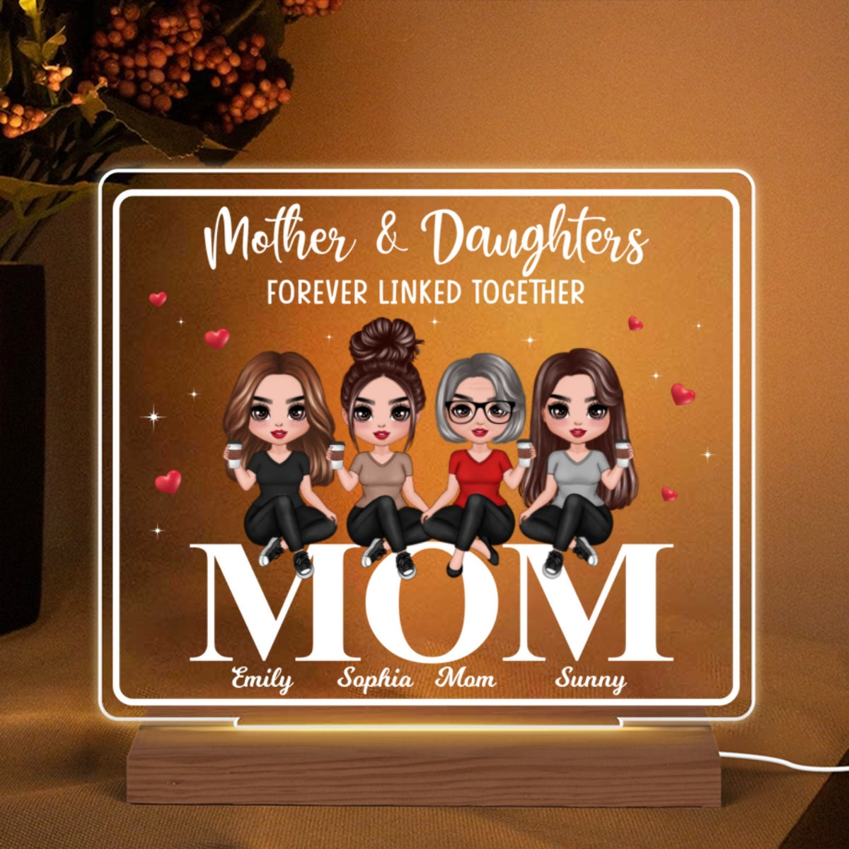 Doll Mom And Daughters Sitting On Words Personalized Custom Shape Acrylic Plaque LED Night Light