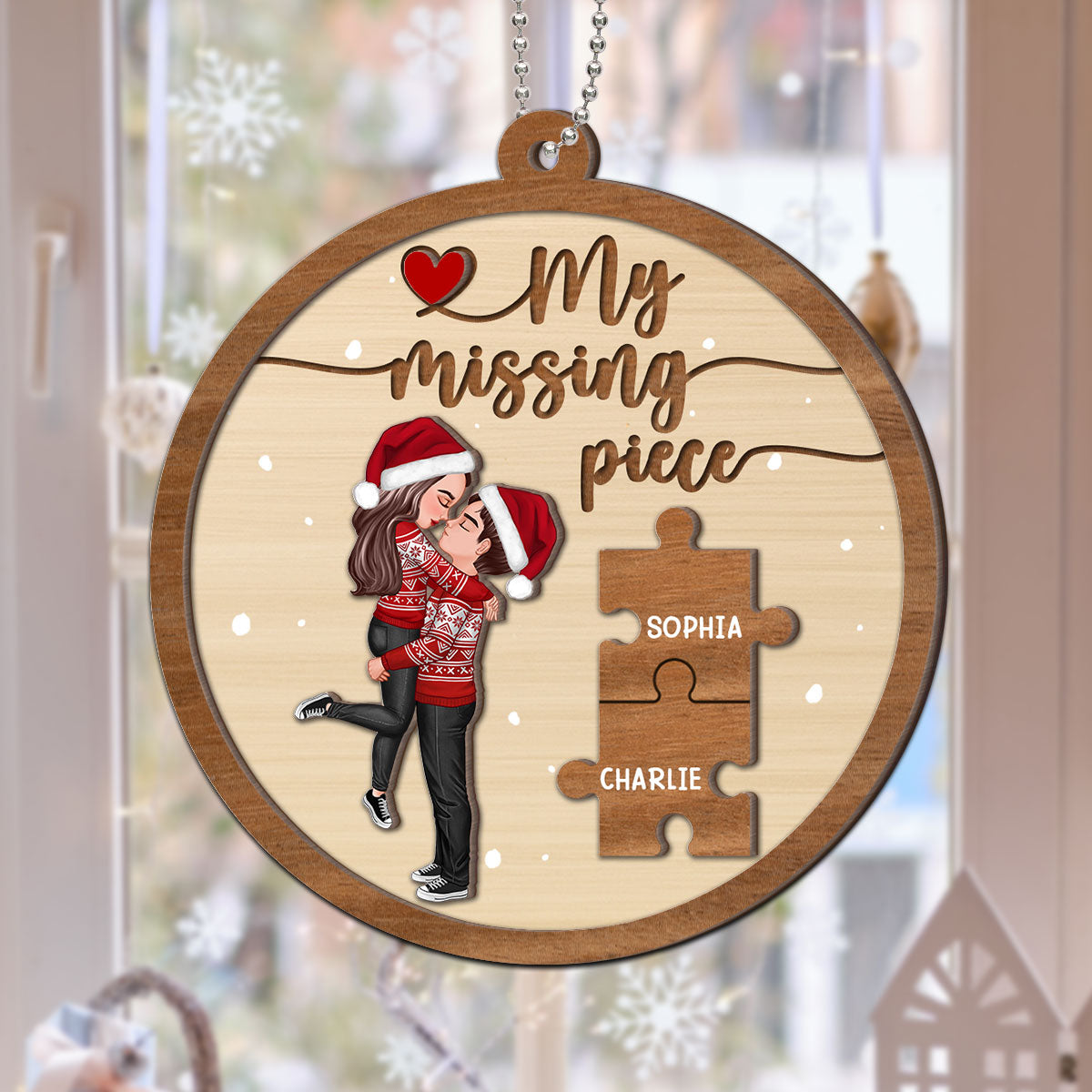 My Missing Piece Couple Hugging Kissing Christmas Personalized 2-Layer Wooden Ornament