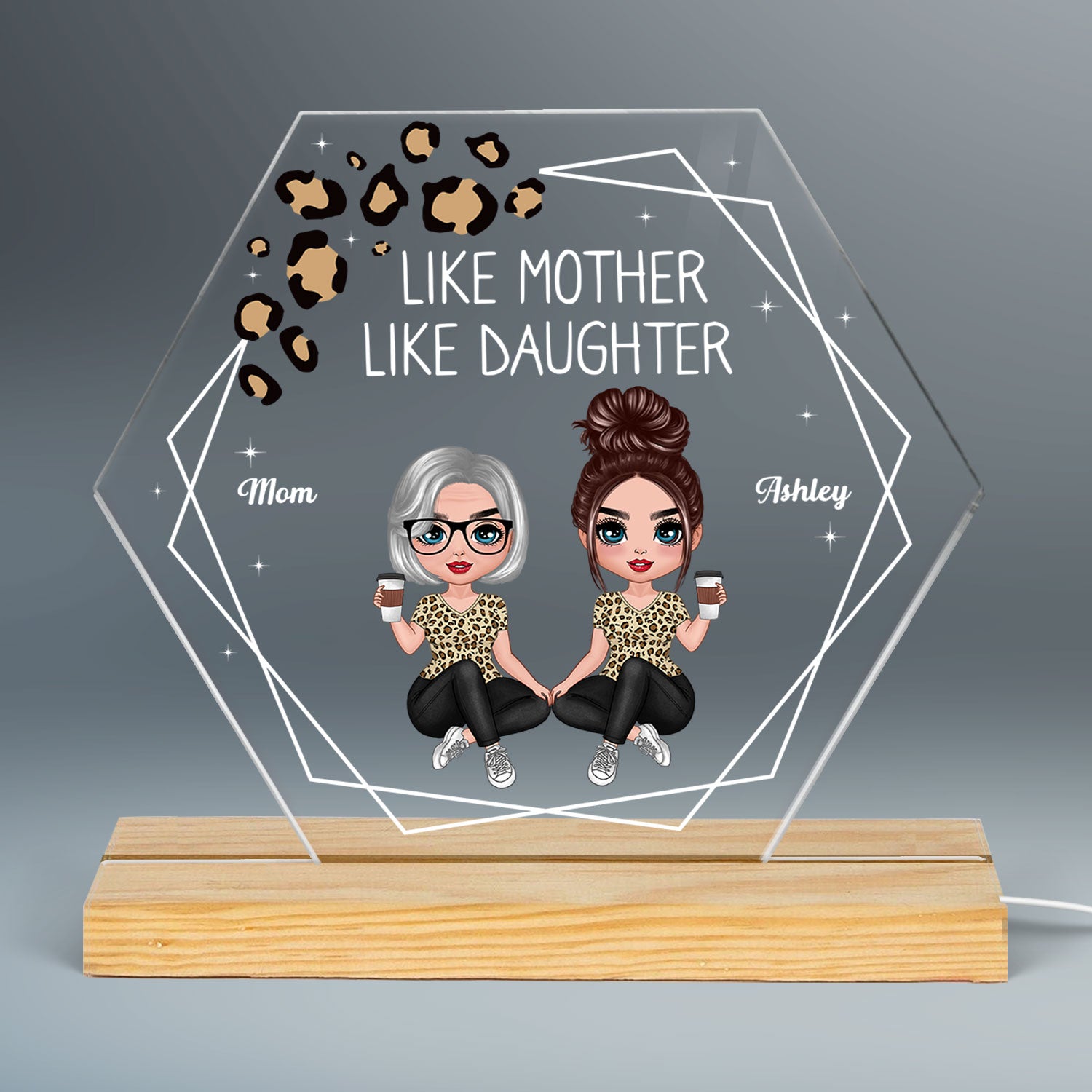 Hexagon Frame Like Mother Like Daughter Doll Woman Sitting Personalized Custom Shape Acrylic Plaque LED Night Light