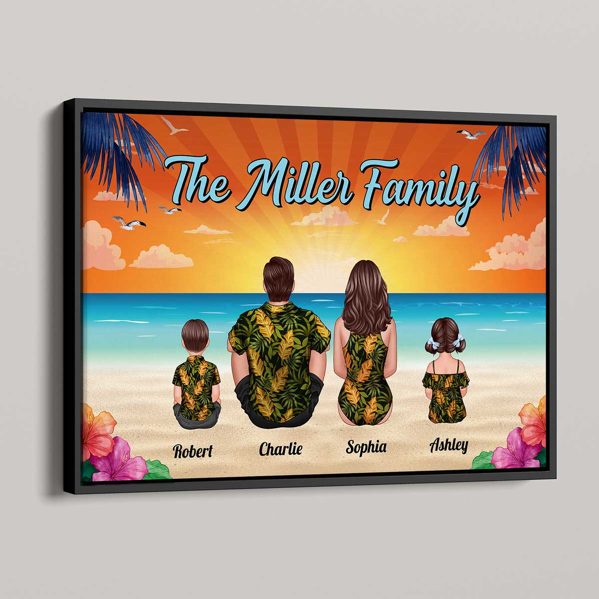 Summer Vibe Family Couple Kid Dog Cat Sitting At Beach Personalized Horizontal Poster