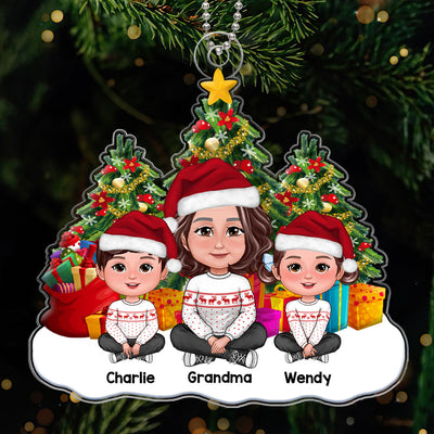 Grandma & Grandkids Sitting Crossed Legs Christmas Tree Gift Personalized Acrylic Ornament