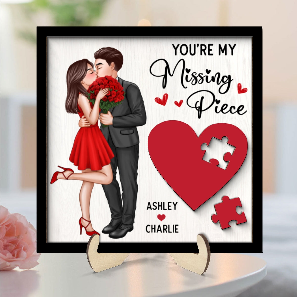 Elegant Couple Kissing Missing Piece Red Heart Valentine‘s Day Gift For Her Gift For Him Personalized 2-Layer Wooden Plaque