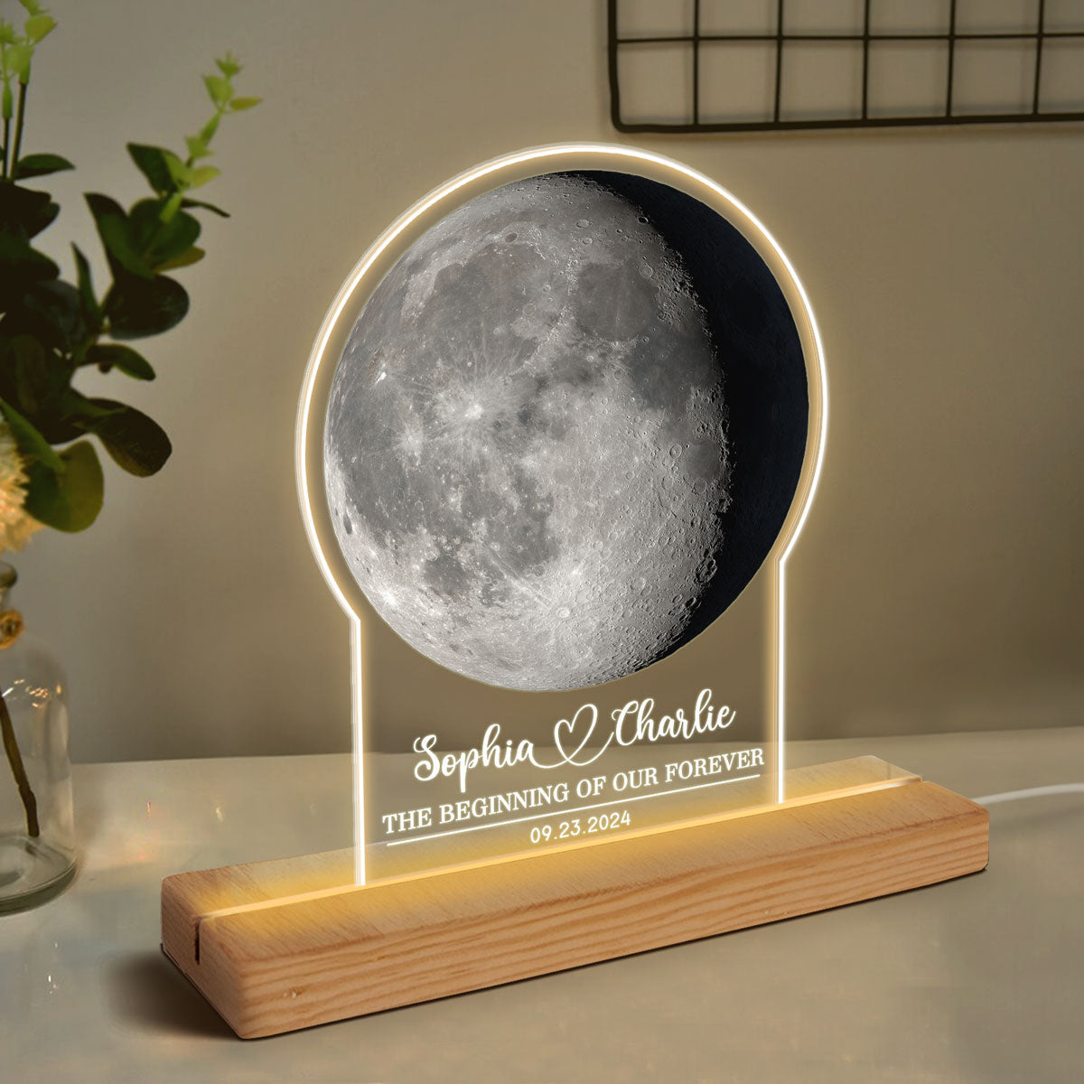 Couple Custom Moon Phase Personalized Acrylic Warm LED Night Light, Anniversary Gift, Wedding Gift
