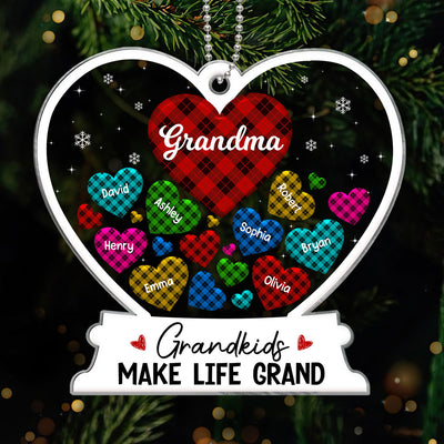 Grandma Hearts In Hearts Kids Names Christmas Buffalo Plaid Patterns Personalized Acrylic Ornament
