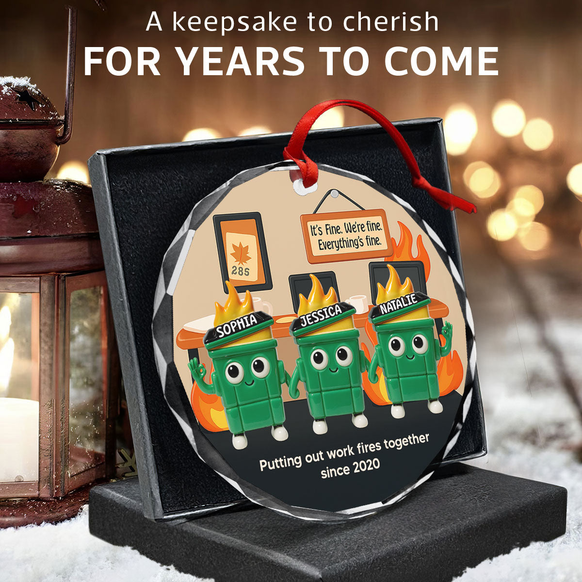 3D Effect Dumpster Fires In Office Scene - Personalized Ornament - Funny Gift For Colleagues, Work Besties