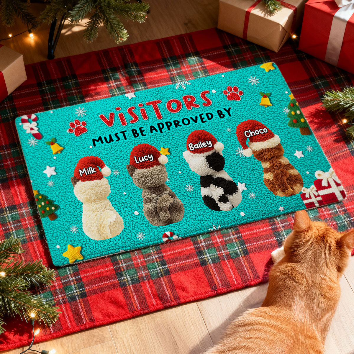 Visitors Must be Approved by Cats - Personalized Doormat - Funny Cats Latch Hook Yarn Faux - Christmas Decor for Pet Lovers