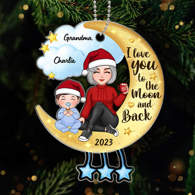 Cute Grandma & Grandkid Sitting On Moon And Cloud Personalized Acrylic Ornament
