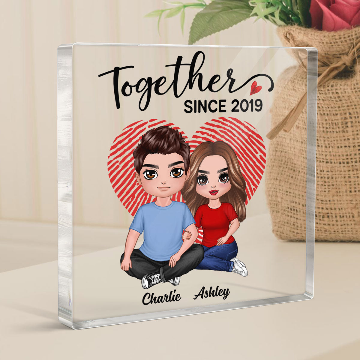 Embracing Couple  Anniversary Gift Personalized Square Acrylic Block Plaque