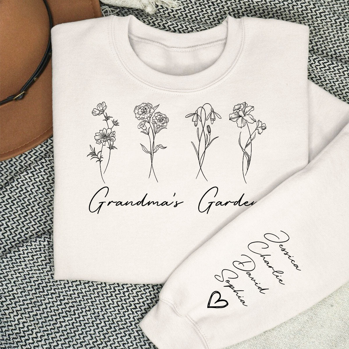 Outline Birth Month Flowers Personalized Sleeve Printed Sweatshirt, Gift For Mom Grandma Aunt