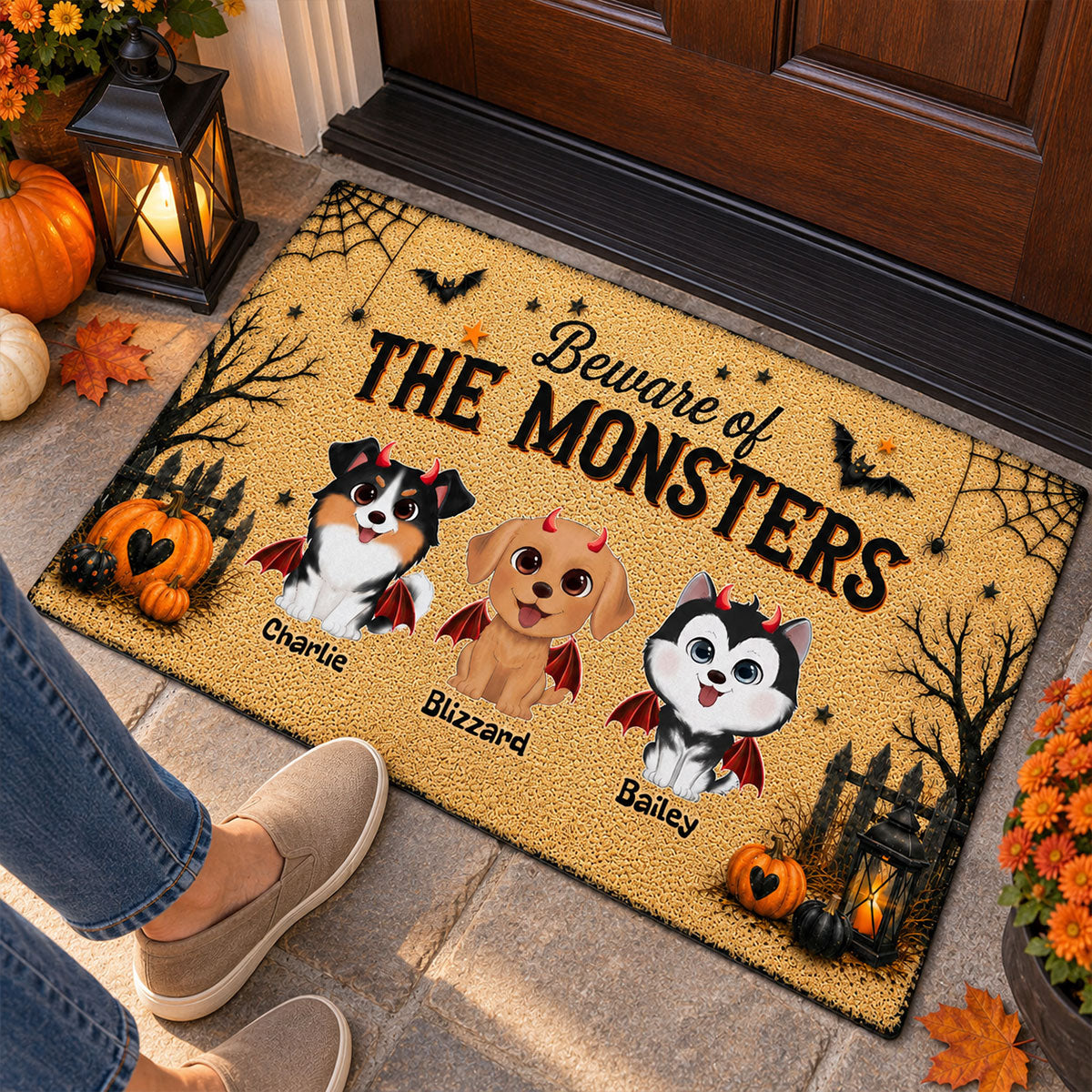 Halloween Theme Beware Of The Monsters Dogs - Personalized Doormat - Halloween Decor For Dog Lovers