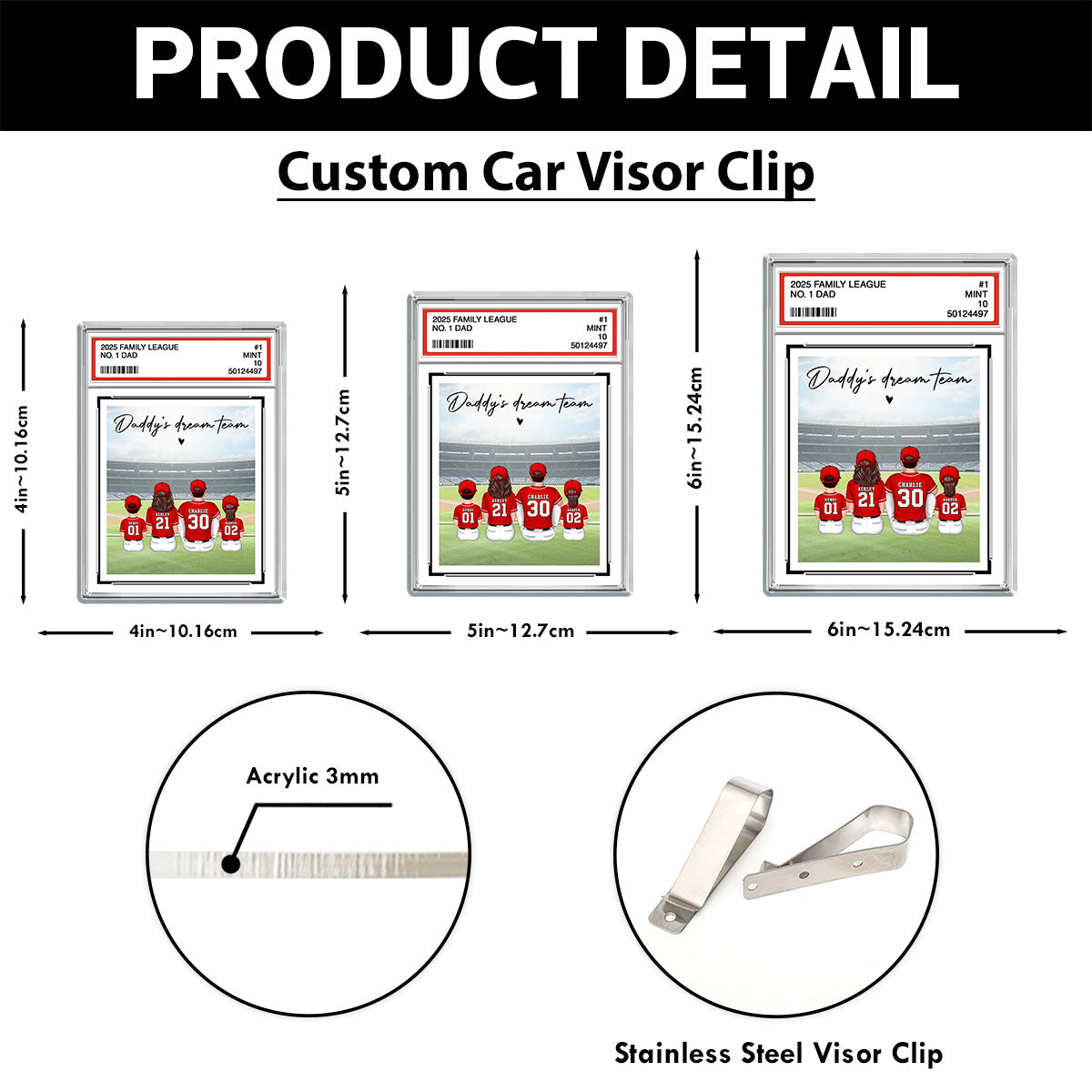 Baseball No. 1 Dad Man & Kids Sitting Trading Card Style Personalized Acrylic Car Visor Clip