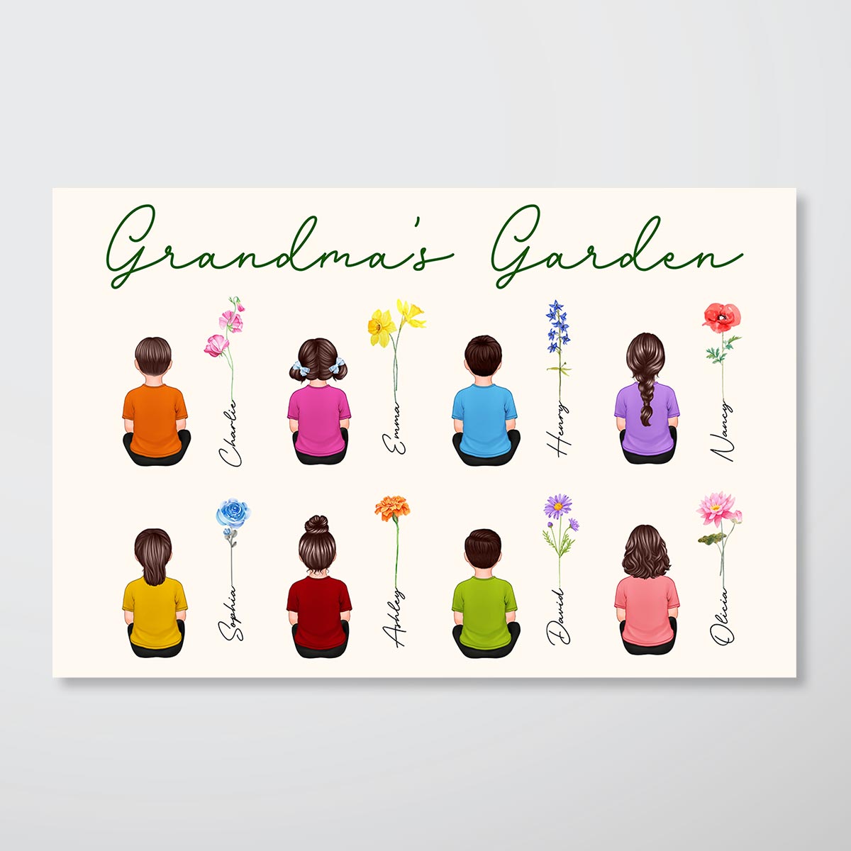 Grandkids Sitting Grandma Garden Watercolor Birth Month Flowers Mother‘s Day Gift Personalized Horizontal Poster