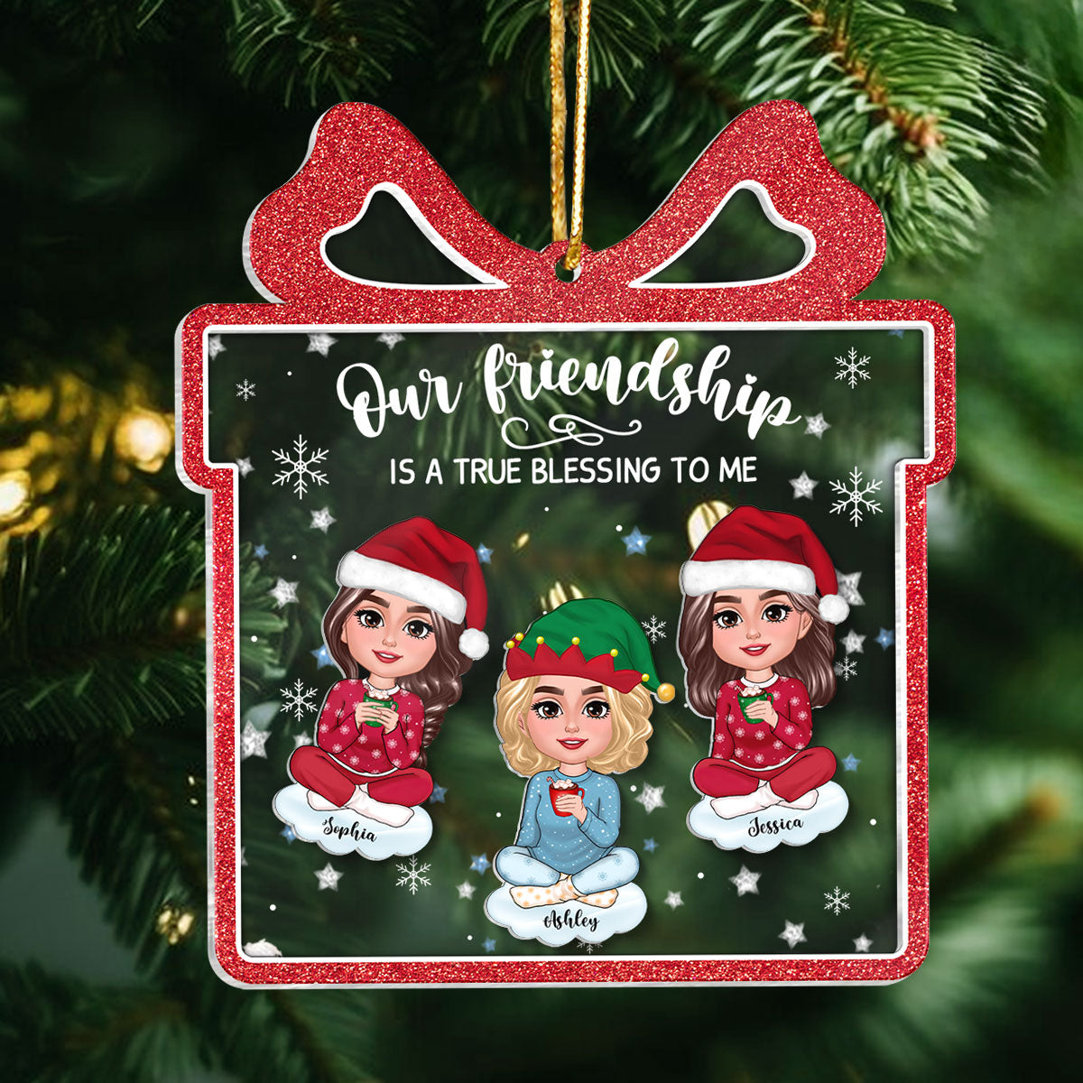 Our Friendship Is True Blessing Gift Shaped Personalized Shaker Ornament, Christmas, Christmas Gift For Friends