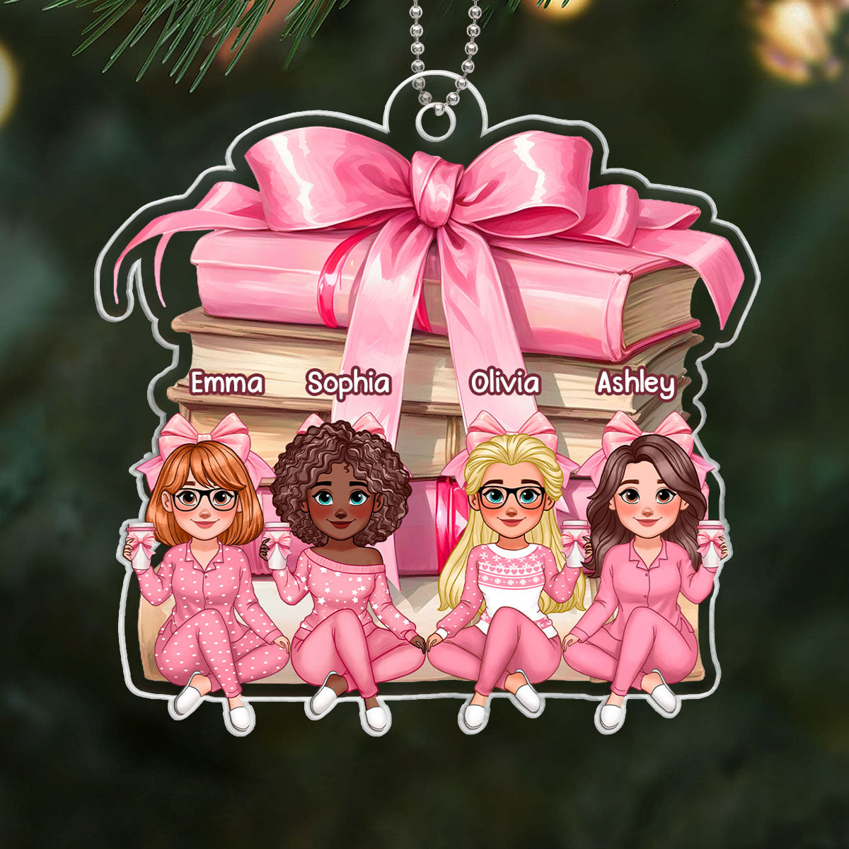 Coquette Stack of Book Besties Sitting Personalized Acrylic Ornament, Gift for Book Lovers