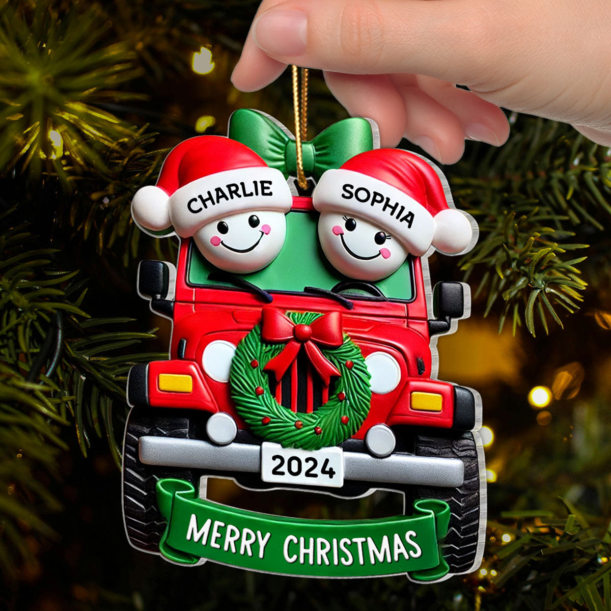 3D Effect Happy Couple On Christmas Car Personalized Acrylic Ornament