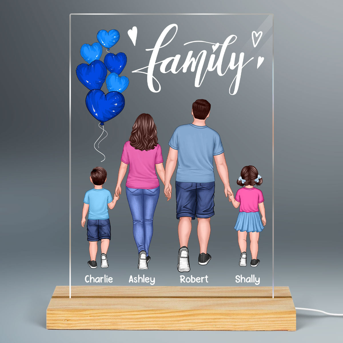 Family Walking Back View Balloons Personalized Rectangle Acrylic Plaque LED Lamp Night Light