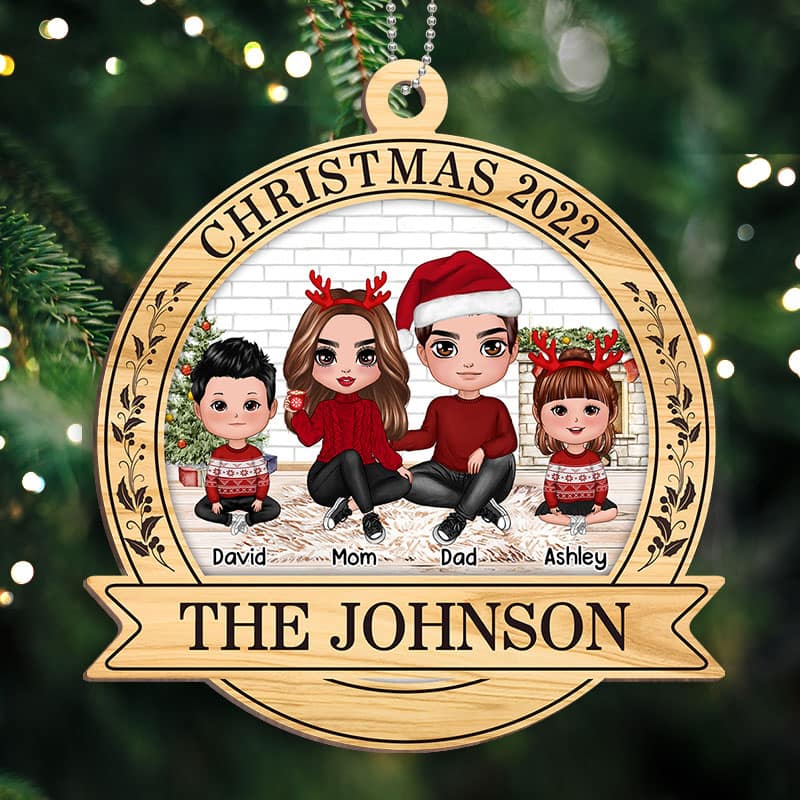 Family Christmas Wreath 2022 Personalized Wooden Ornament