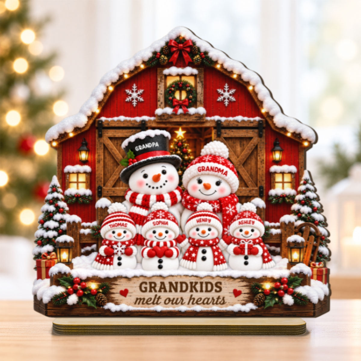 Heartwarming Christmas Snowman Grandpa Grandma Grandkids Barn House - Personalized 2-Layered Wooden Plaque - Christmas Gift For Grandparents, Grandparents House Decor