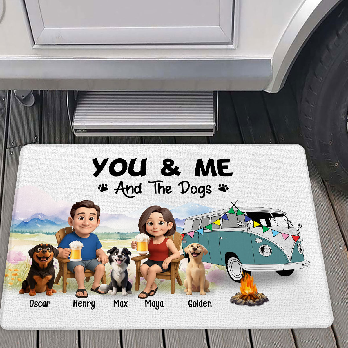 You Me And the Dogs Cats Camping Couple Personalized Doormat, Anniversary, Vacation Gift For Campers