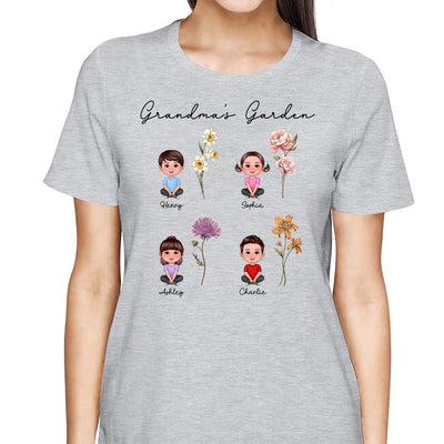 Grandkids Sitting Crossed Leg Grandma Garden Vintage Birth Month Flowers Personalized Shirt