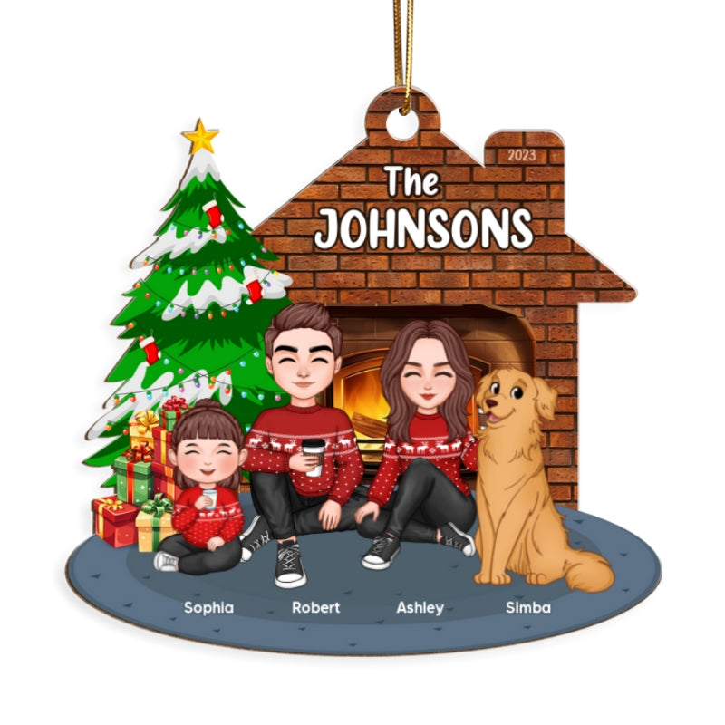 Whole Cute Family Dad Mom Kid Dog Cat By Christmas Tree In House Personalized Wooden Ornament
