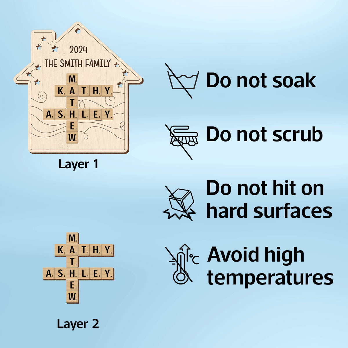 Family House Crossword Puzzle Art, Personalized 2-Layered Wooden Ornament