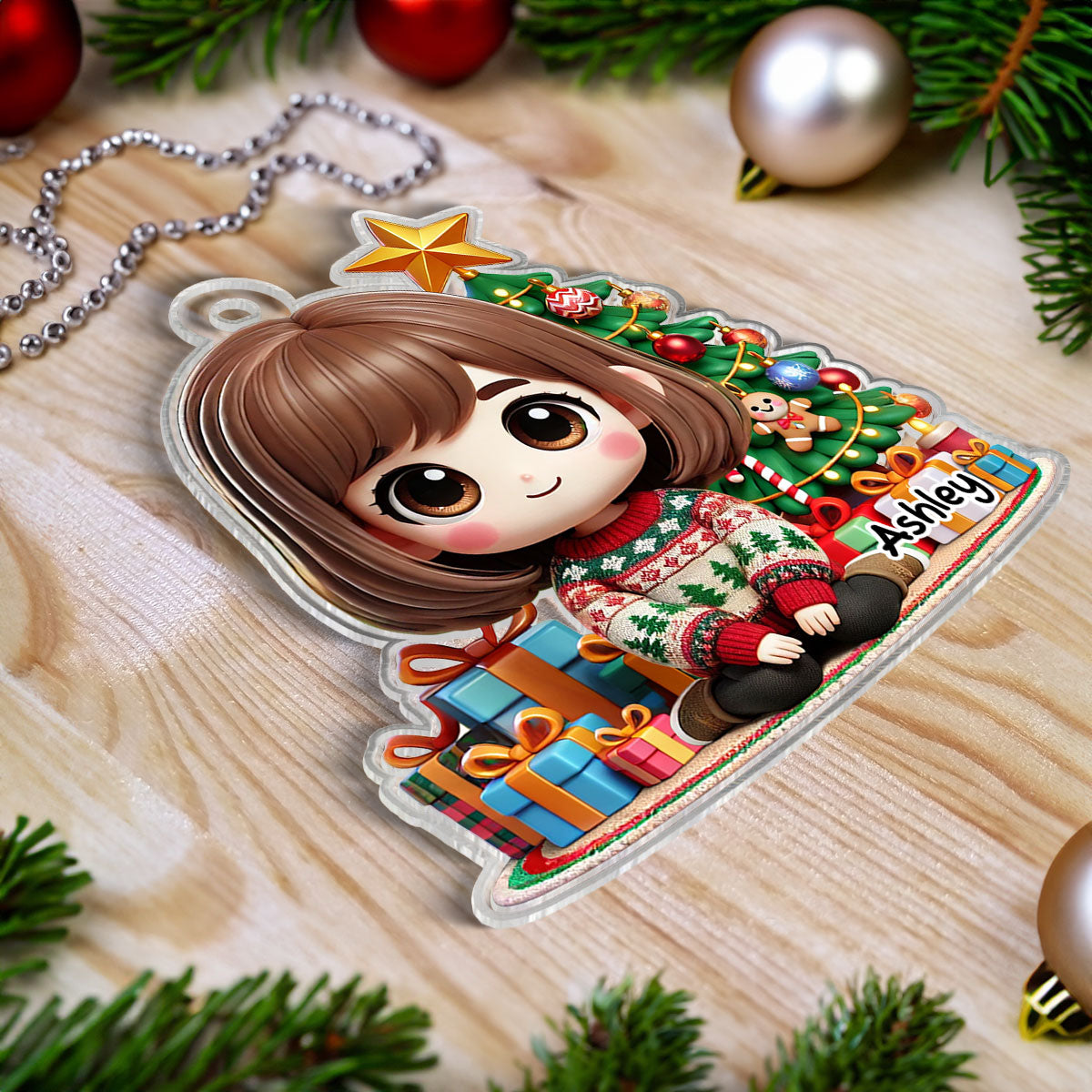 Cute Granddaughter Grandson Kid Sitting With Christmas Tree And Gift Personalized Acrylic Ornament, Gift For Grandkids