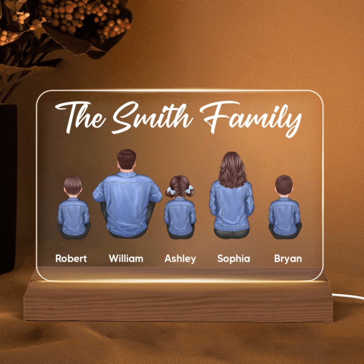 Whole Family Back View Denim Couple Dad Mom Kids Dogs Cats Sitting Personalized Custom Shape Warm LED Night Light
