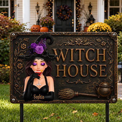 Witch House Vintage - Personalized Metal Sign - Halloween Decor for Women