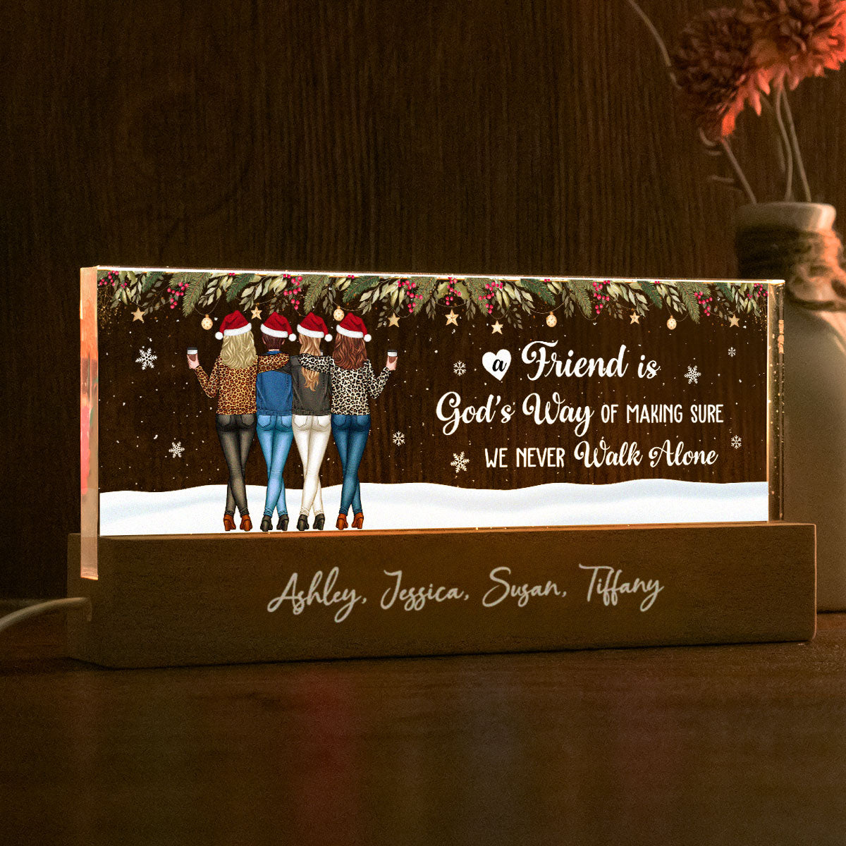 Christmas Friends Standing In Snow Personalized Acrylic Block LED Night Light